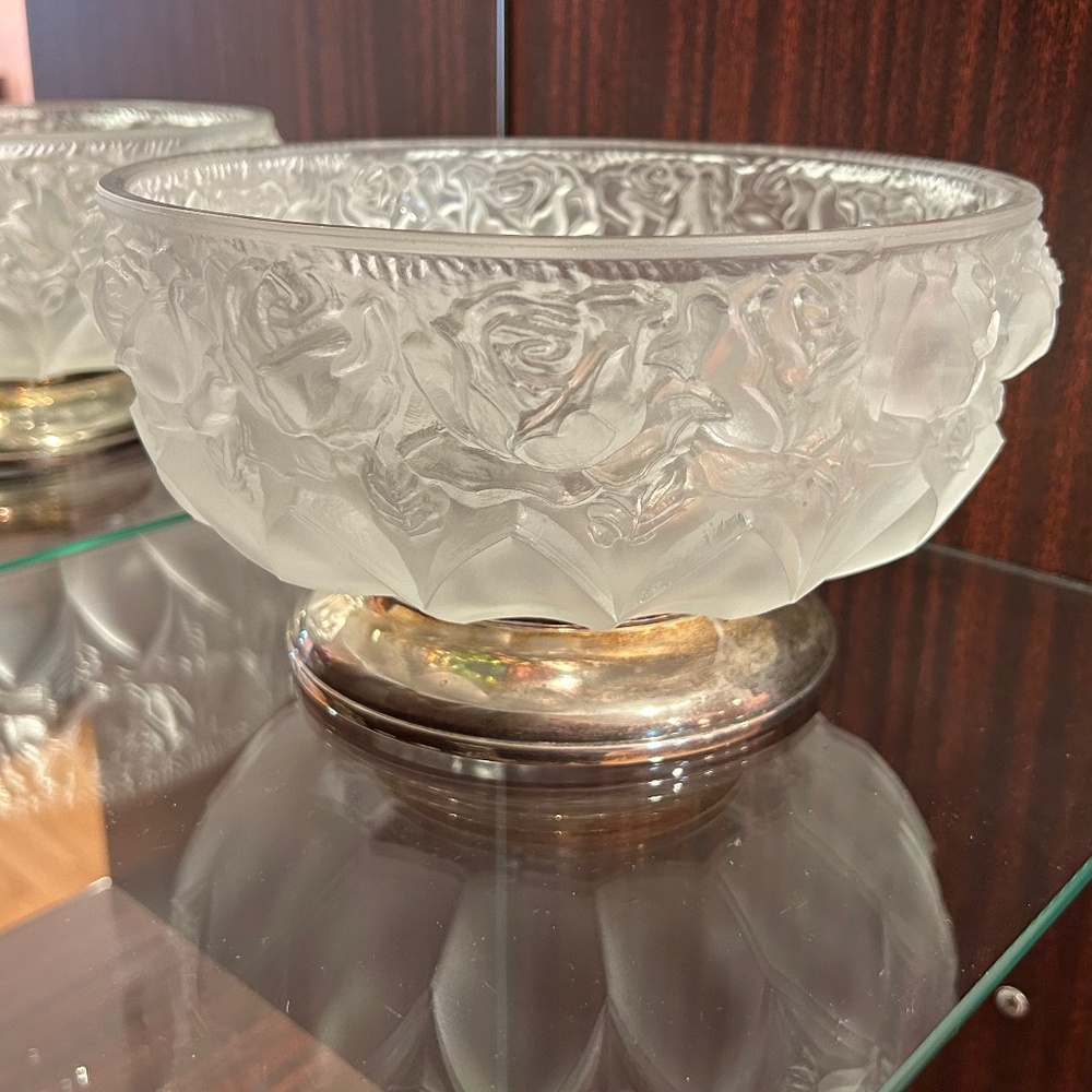 Frosted Satin Finish Embossed Floral Design Silver Plate Pedestal Small Bowl